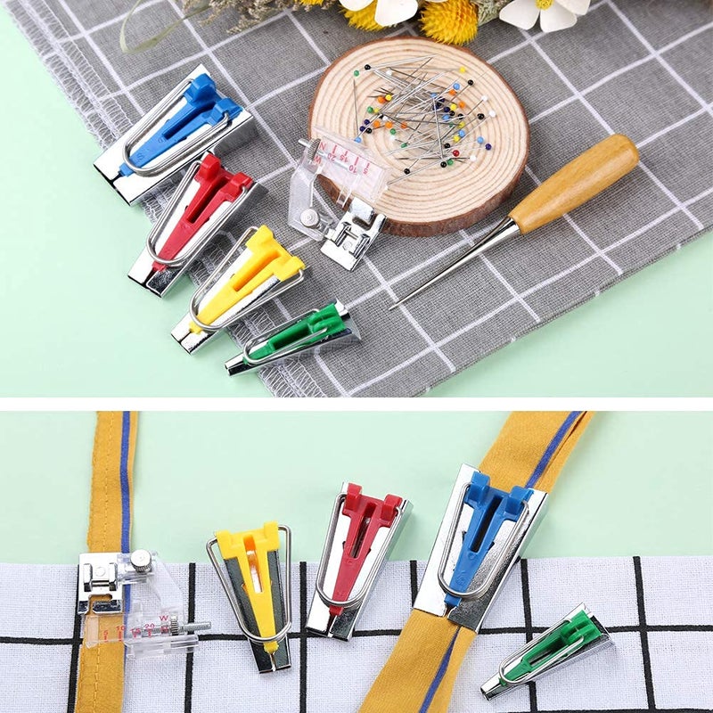 LUNARM Bias Tape Maker Kit, Bias Tape Tool with Instruction, 4 Sizes Bias Maker with 60 Pcs Sewing Clips, 50 Pcs Ball Point Pins, Awl, Sewing Machine Presser Foot for Fabric Sewing and Quilting - Image 3